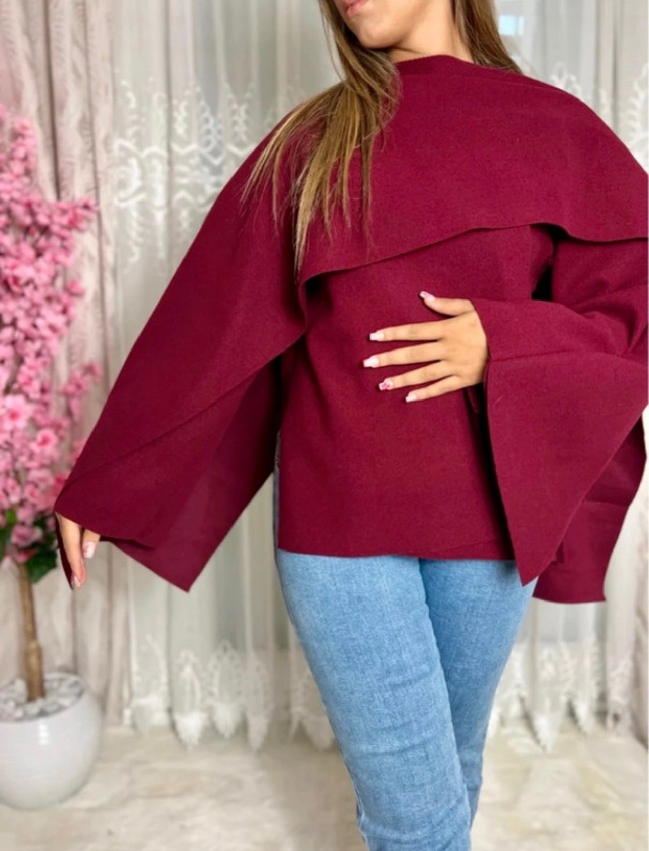 Cape Poncho avec Châle intégré Bordeaux
