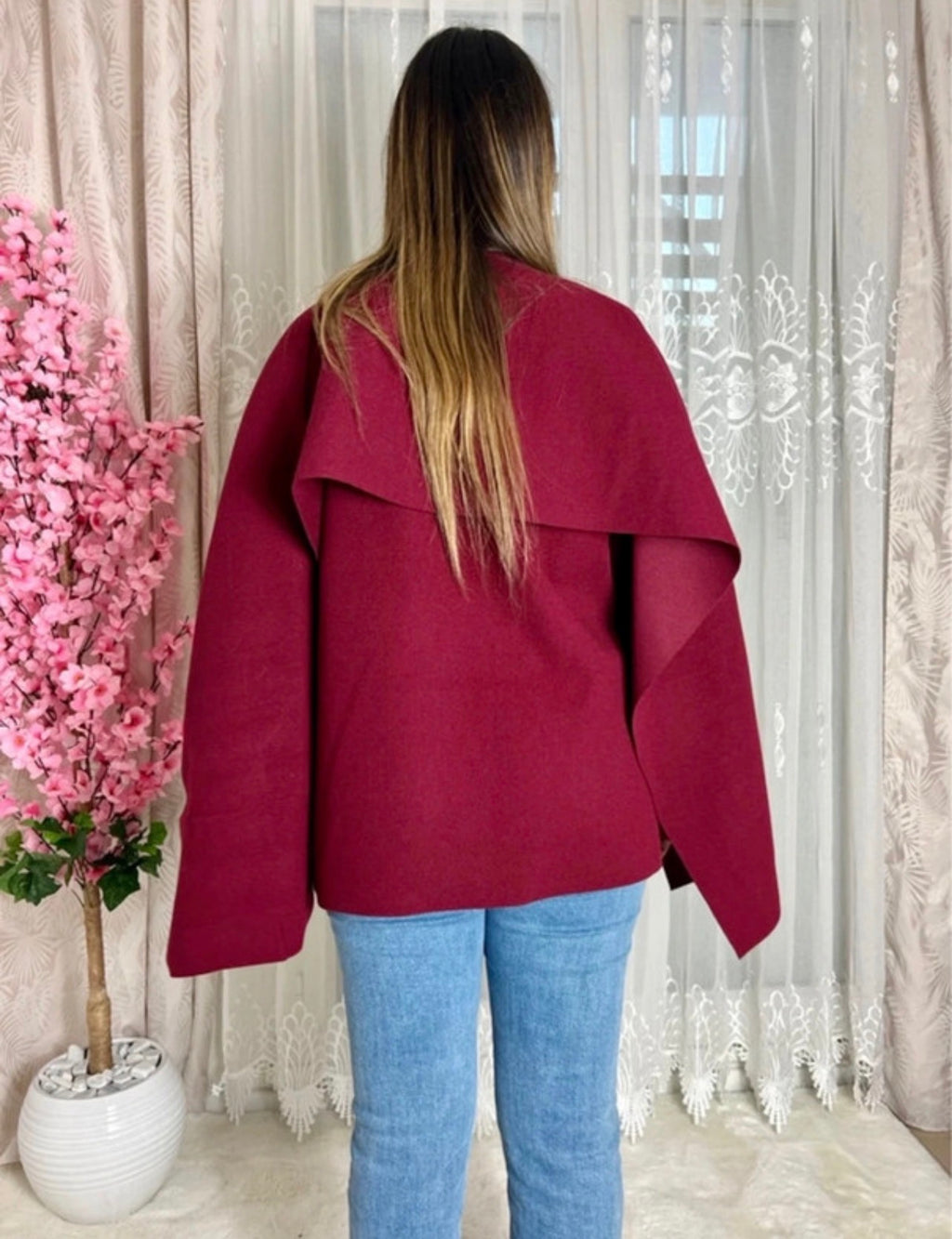 Cape Poncho avec Châle intégré Bordeaux