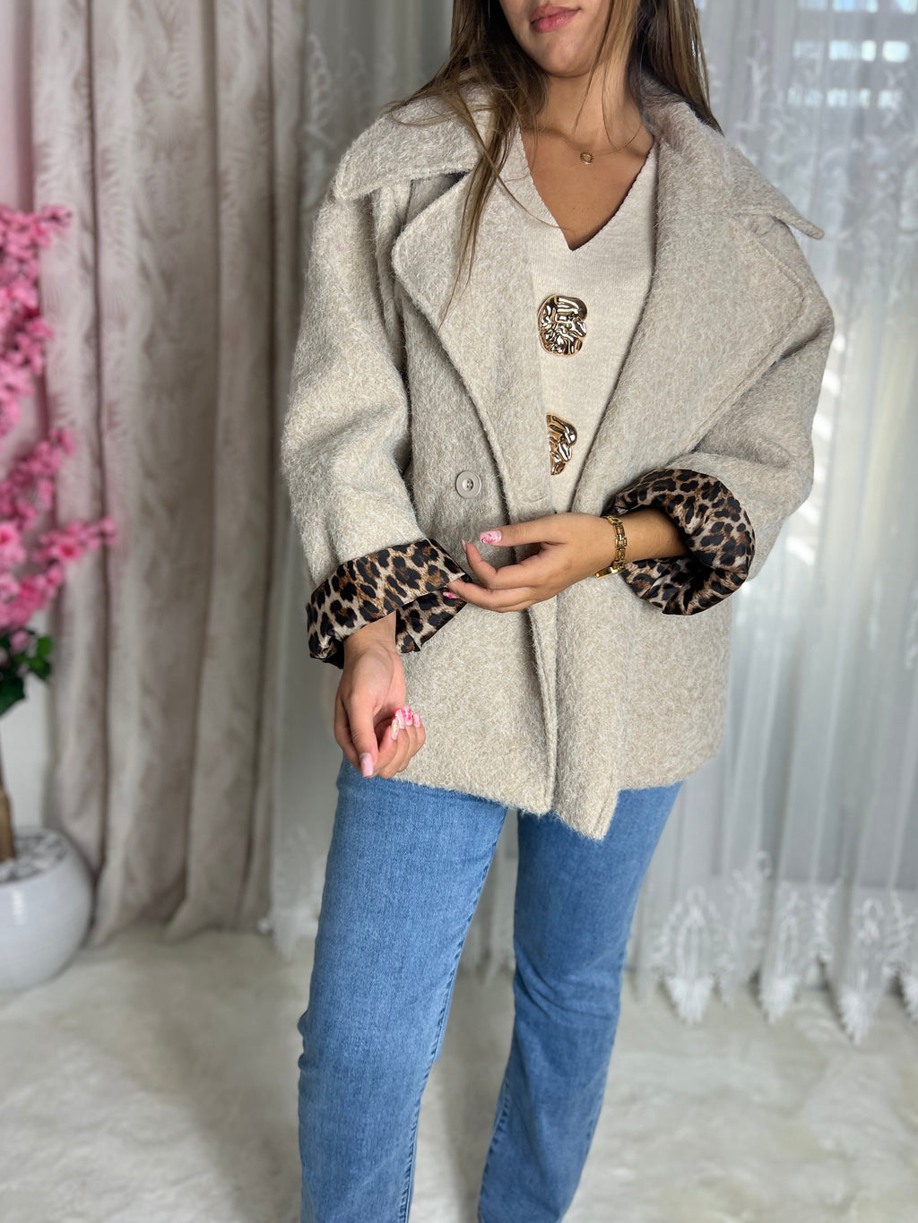 Veste à manches longues avec doublures léopard beige