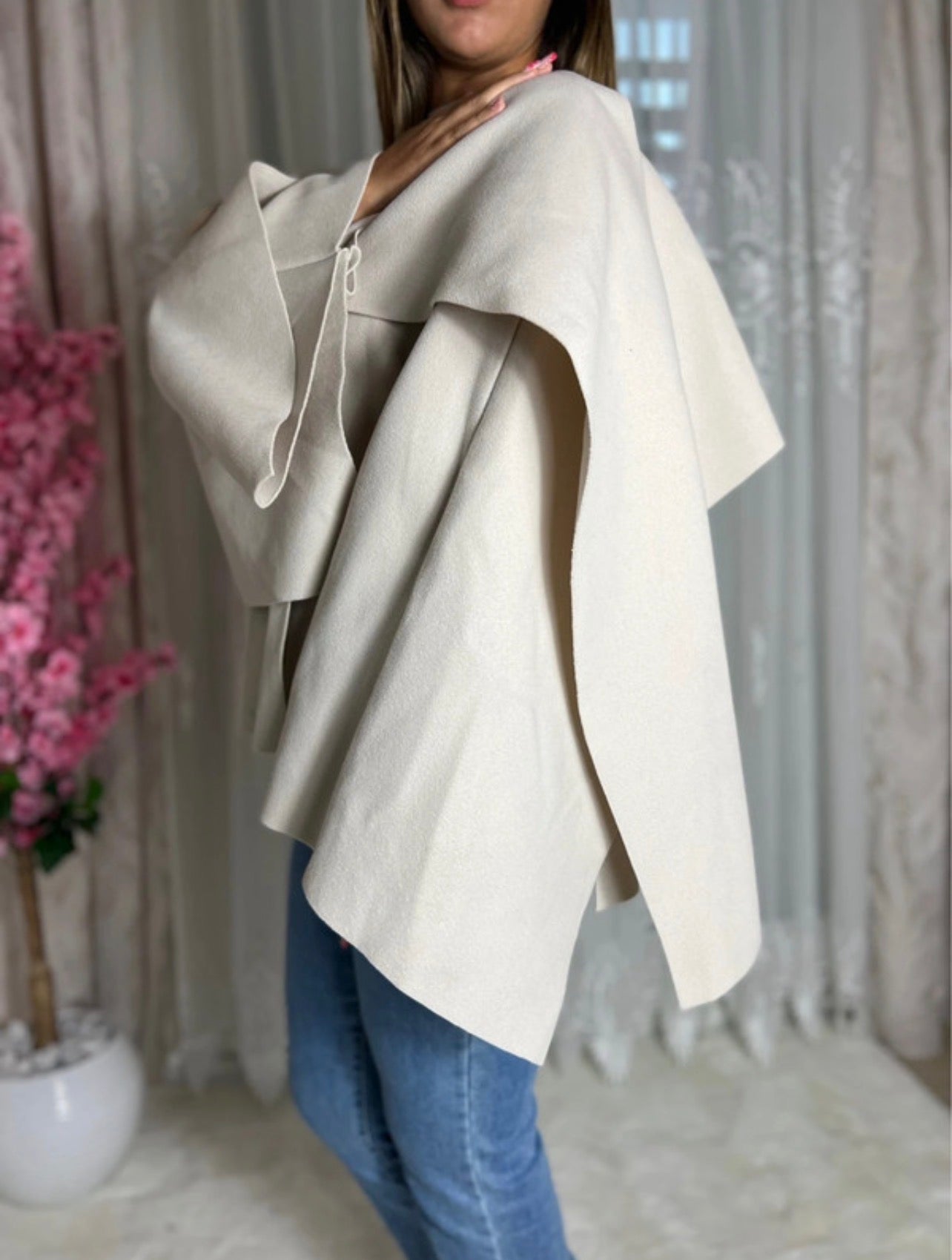 Cape poncho avec châle intégré Crème