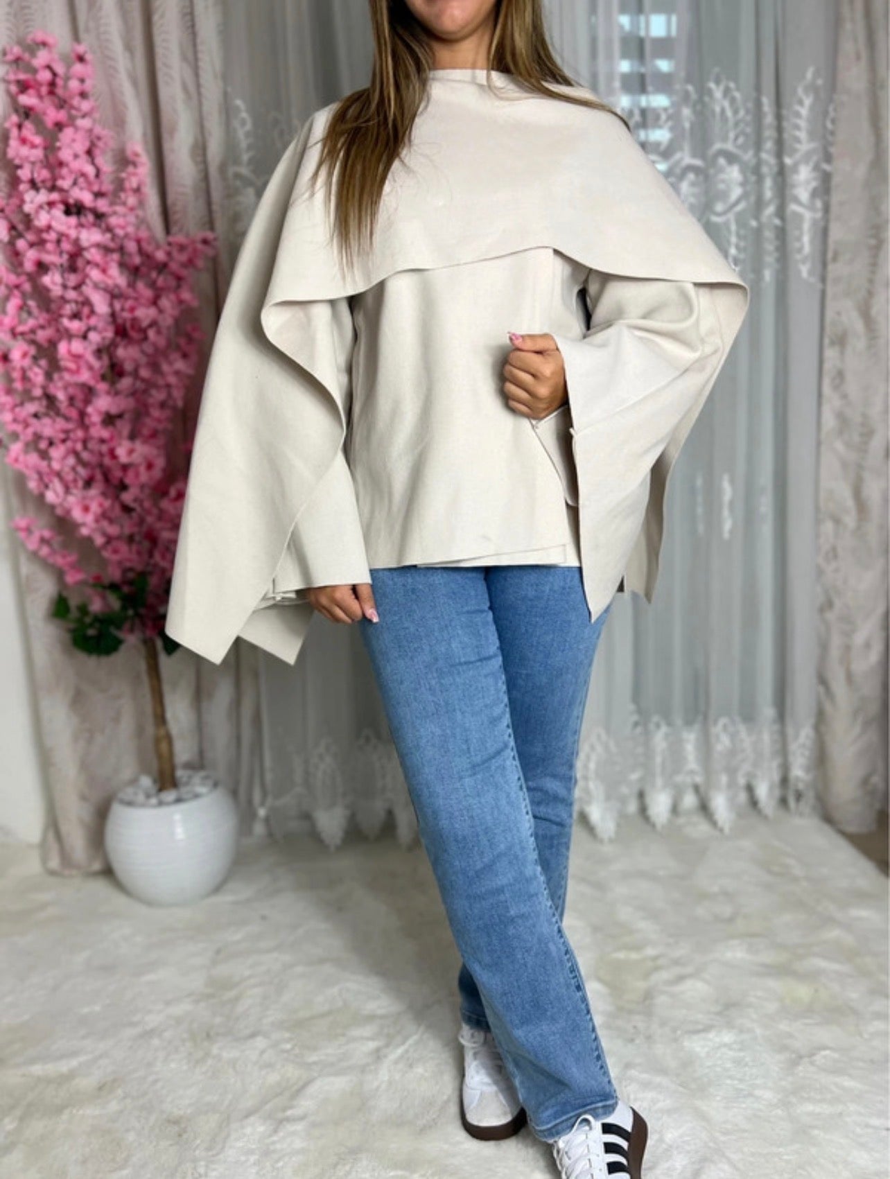 Cape poncho avec châle intégré Crème