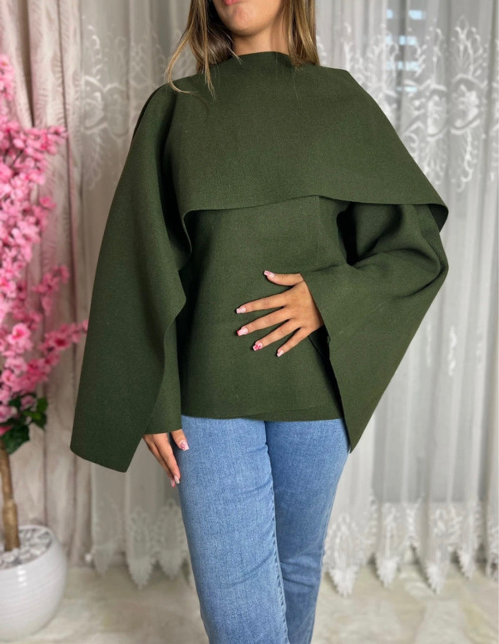 Cape Poncho avec châle intégré vert sapin