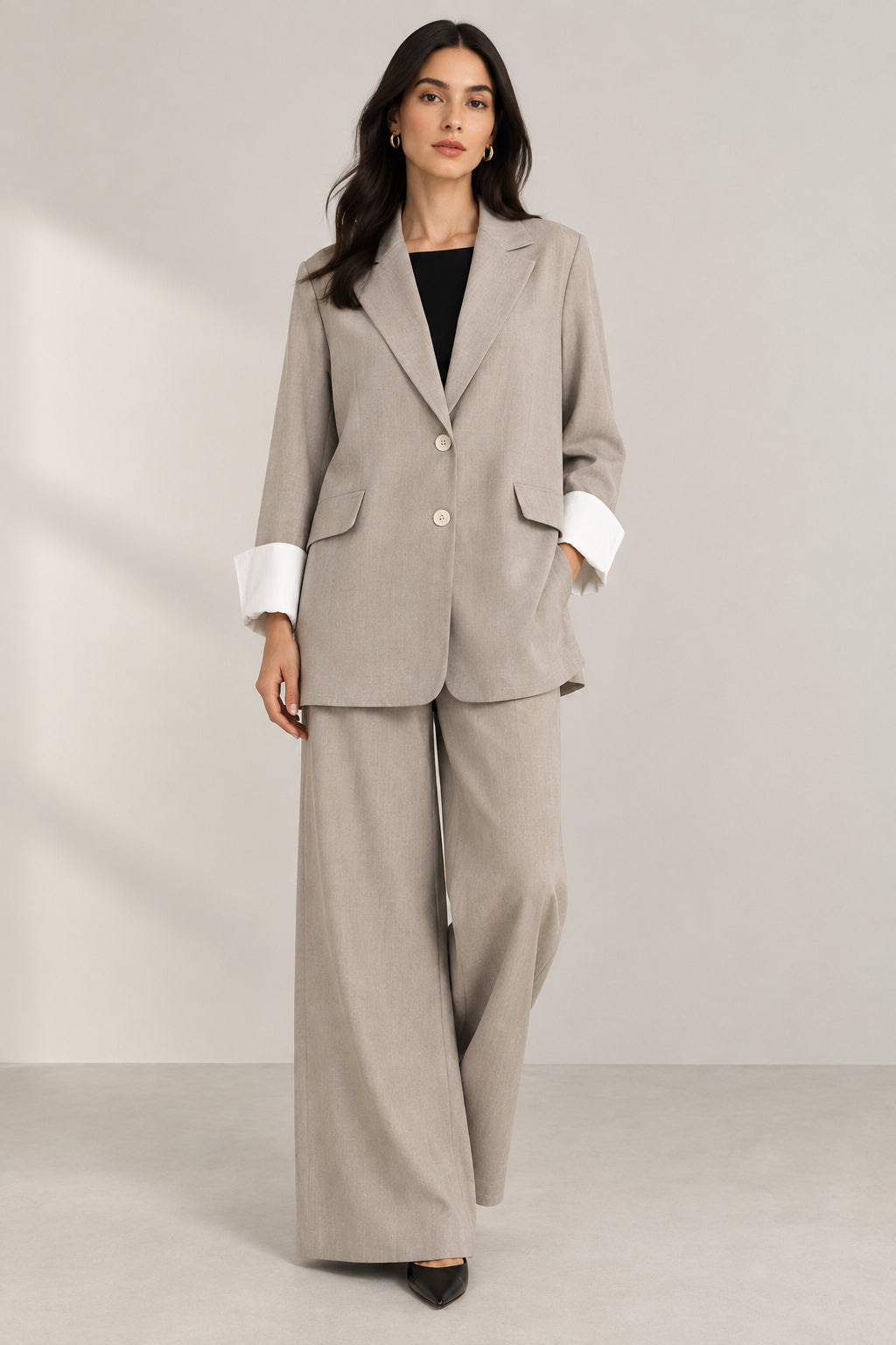 Ensemble Tailleur deux pièces ample et coupe droite Taupe