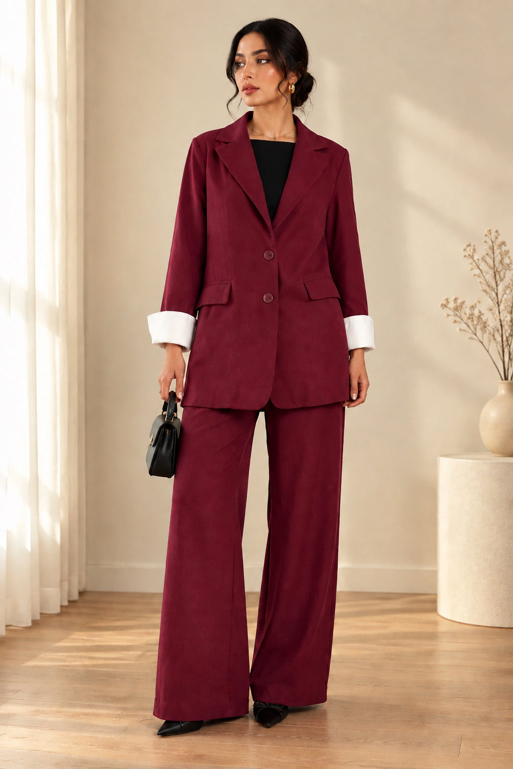 Ensemble Tailleur deux pièces ample et coupe droite bordeaux