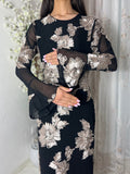 Robe longue à fleurs nacrées – Noir et Écru